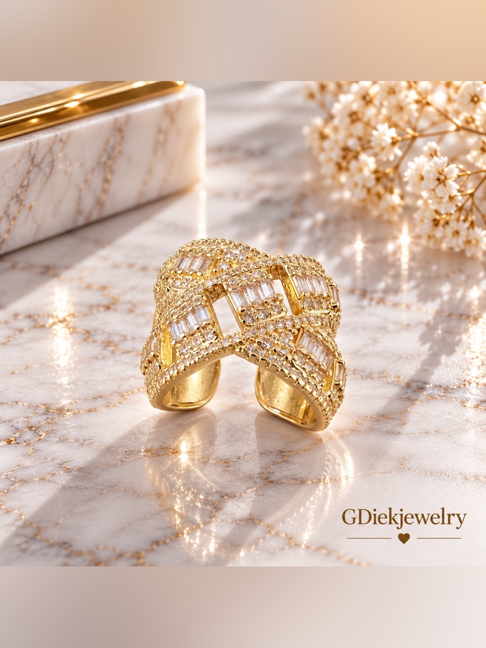 Gold Filled Adjustable Crystal Open Cuff Ring
